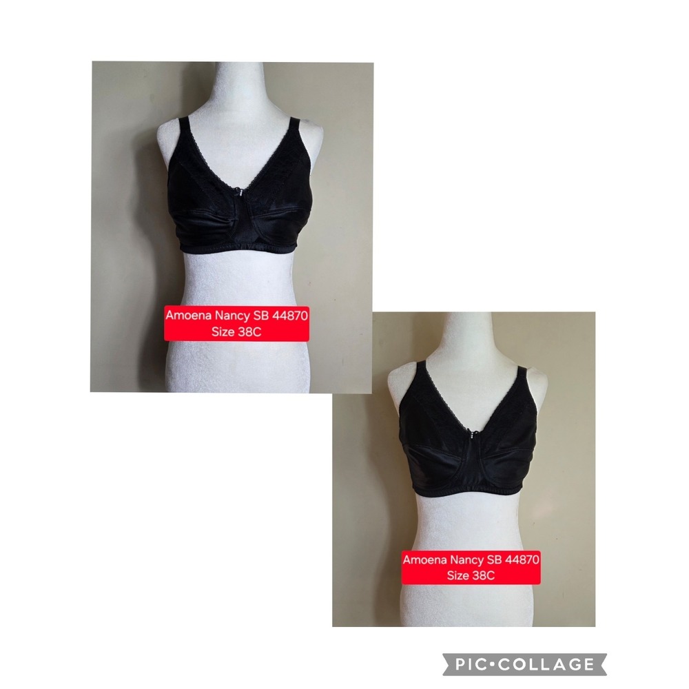 (2)Black Bras Amoena Pocket Mastectomy Wirefree Lace Overlay Both Nancy SB 44870